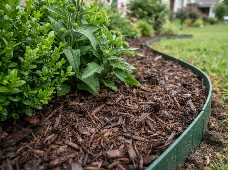 Fresh dark mulch in residential garden bed Fresh dark mulch in residential garden bed