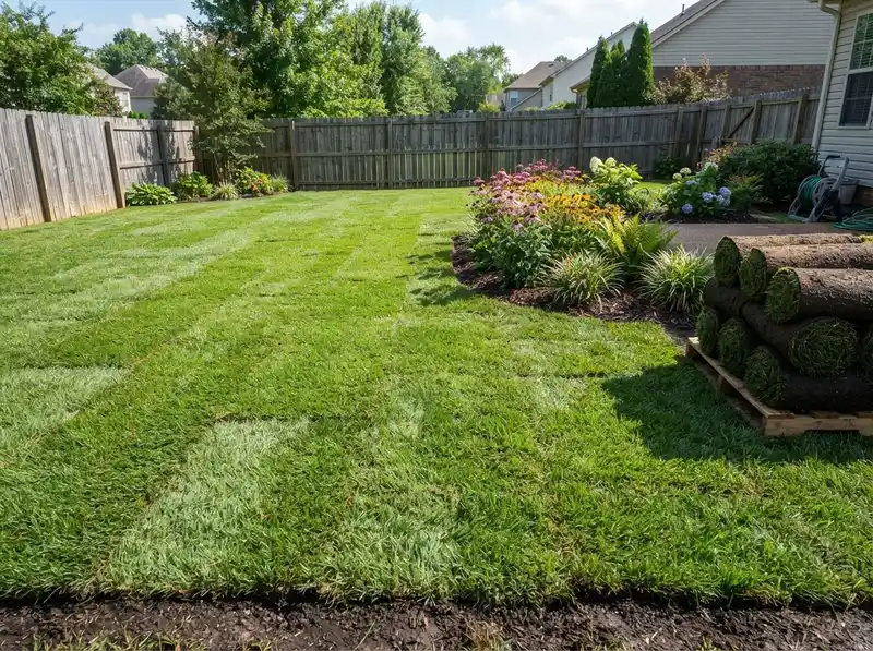Freshly installed green sod lawn Freshly installed green sod lawn